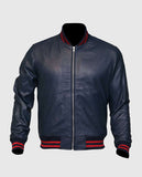 Men's Blue Sheepskin Leather Varsity Bomber Jacket - front view