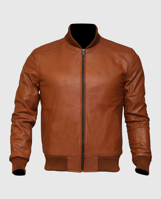 Men's Brown Leather Bomber Jacket – Custom Fit | Genuine Leather - front view
