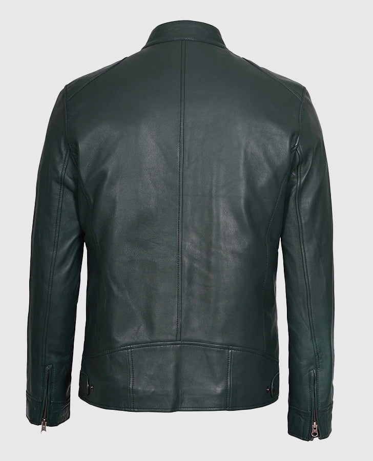 Men's Dark Green Cafe Racer Leather Jacket – Custom Fit - back view