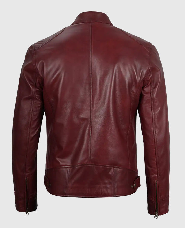 Men's Maroon Cafe Racer Leather Jacket – Custom Fit - back view