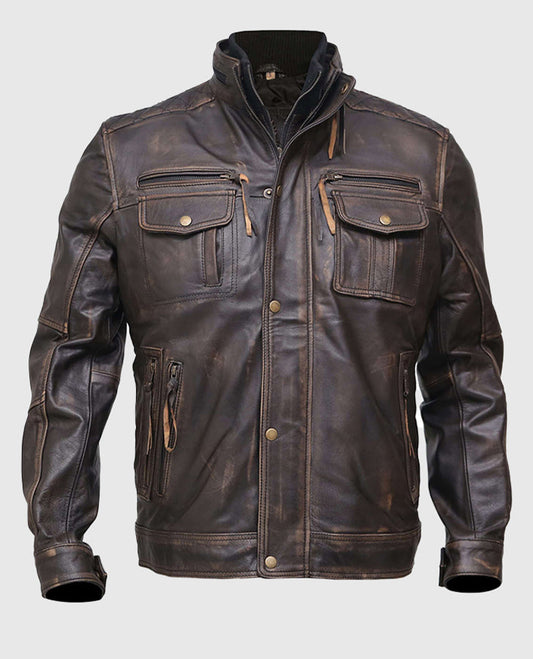 Men's Cafe Racer Vintage Distressed Leather Jacket - front view
