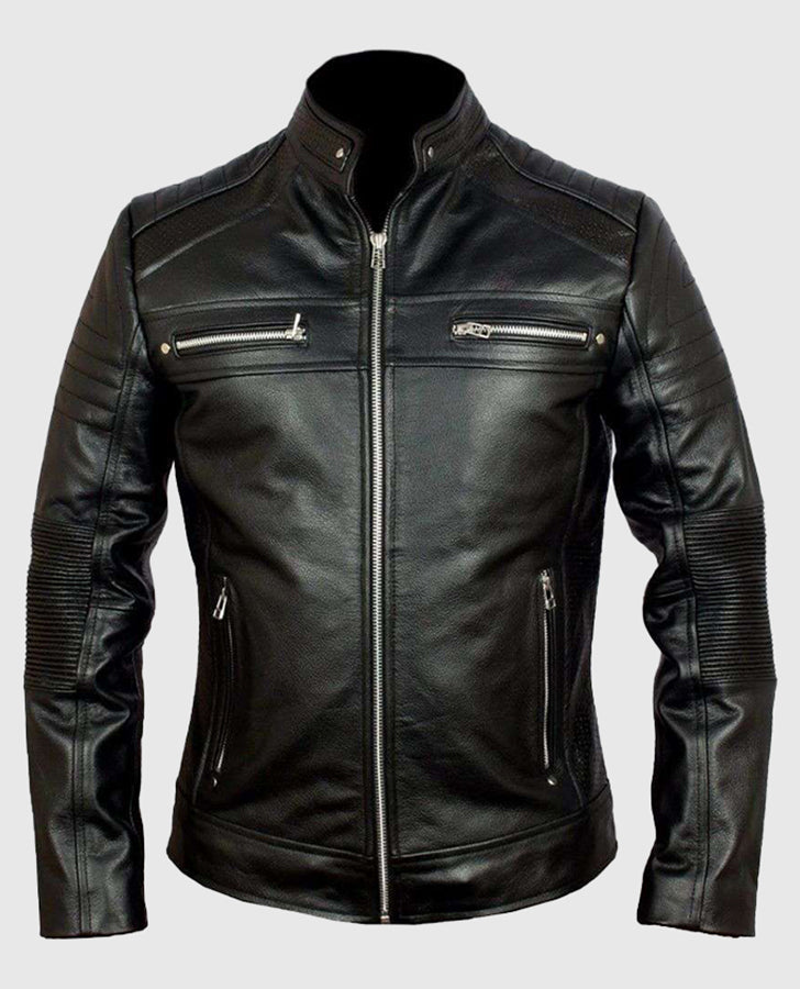 Men's Cafe Racer Vintage Retro Black Leather Jacket - front view