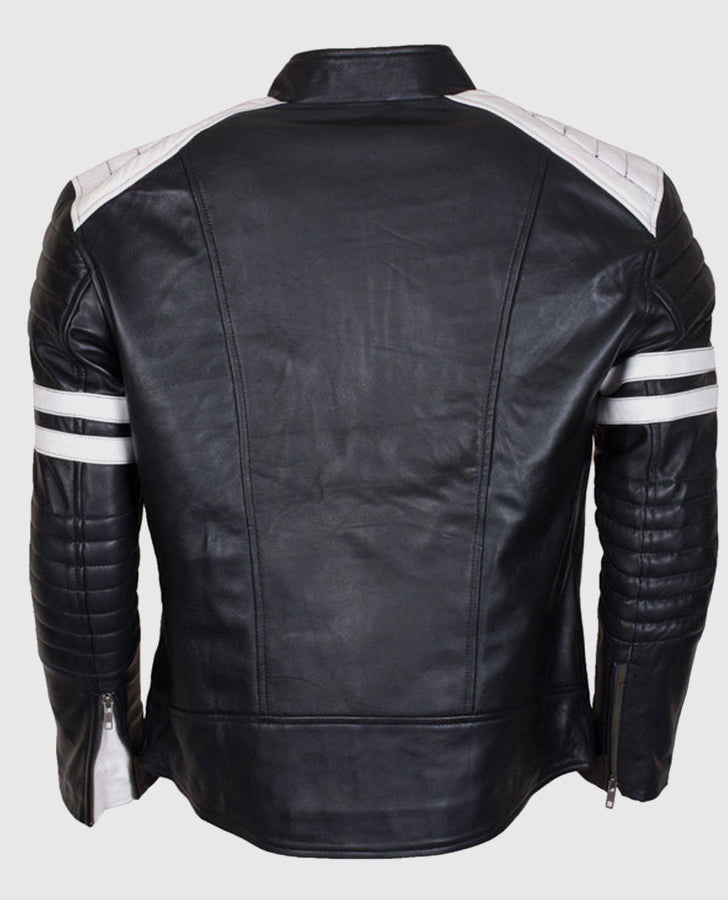 Men's White Stripes Black Cafe Racer Leather Jacket - back view