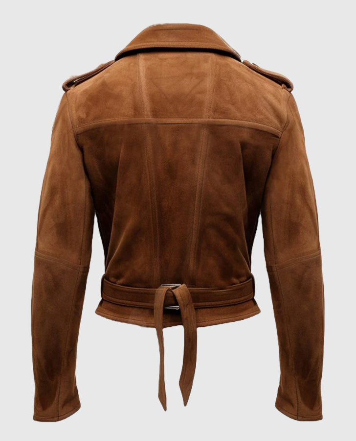 Men's Camel Brown Tan Biker Suede Leather Jacket – Premium Outerwear - back view