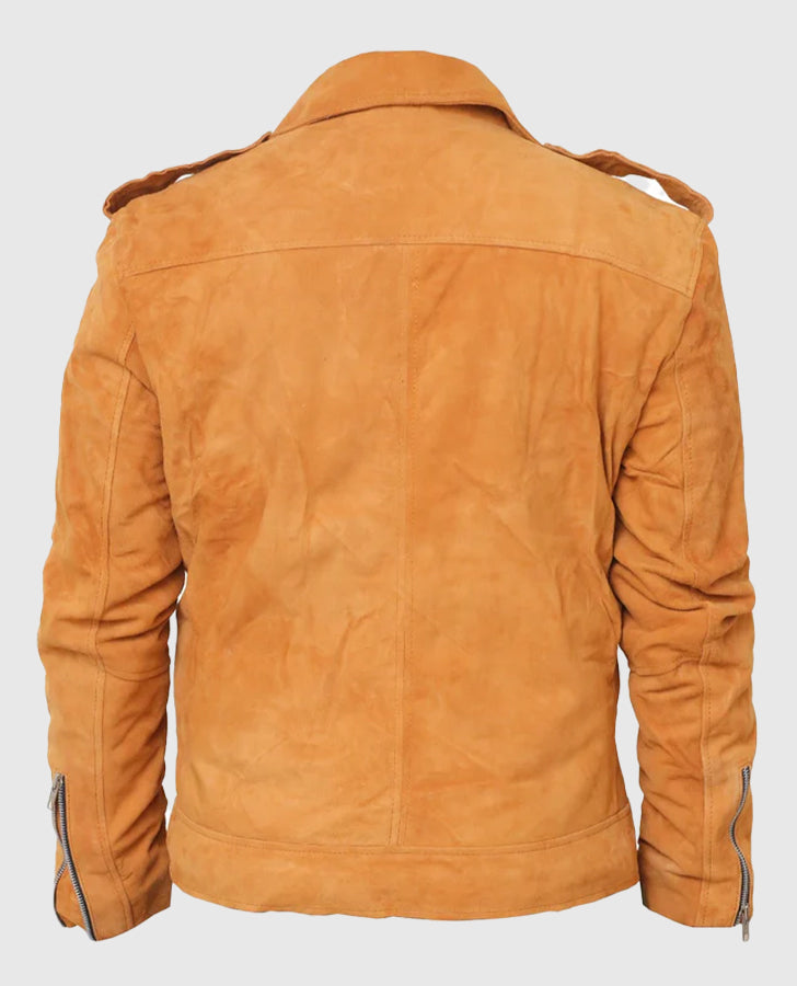Men's Suede Leather Camel Brown Tan Biker Leather Jacket - back view