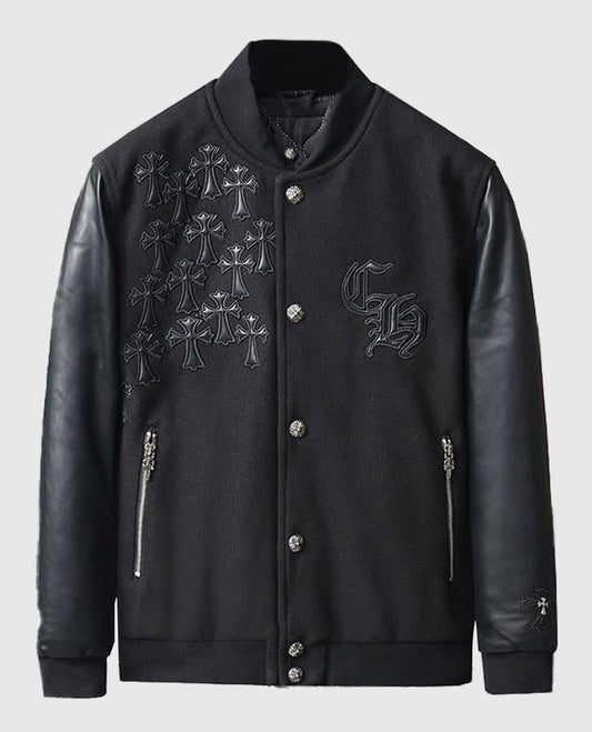 Men's Chrome Cross Letterman Bomber Black Leather Jacket - front view