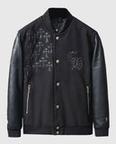 Men's Chrome Cross Letterman Bomber Black Leather Jacket - front view