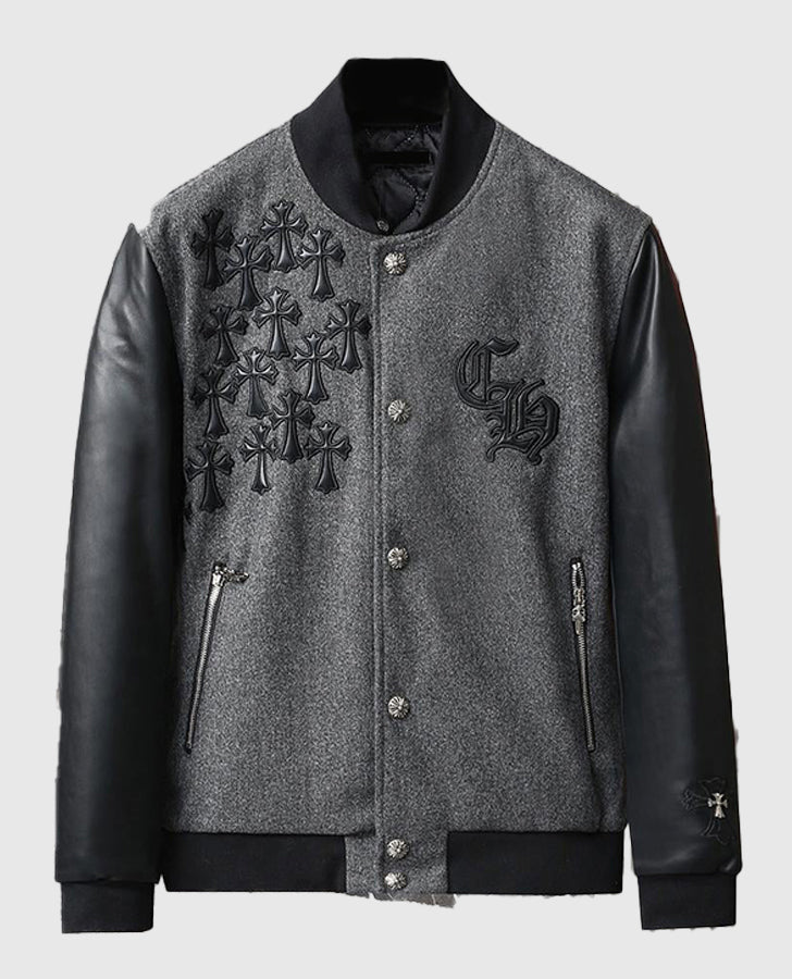 Men's Chrome Cross Letterman Bomber Grey Leather Jacket - front view