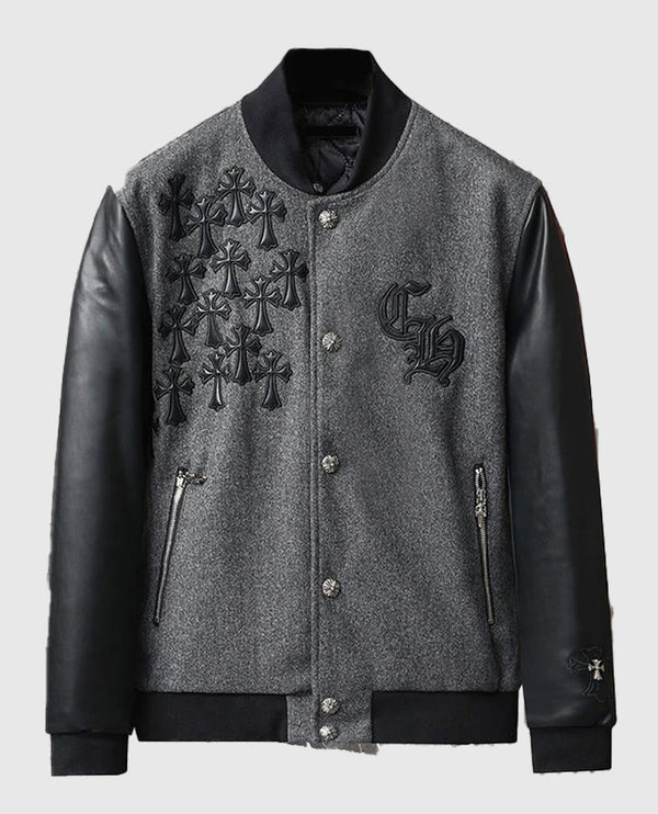 Men's Chrome Cross Letterman Bomber Grey Leather Jacket - front view