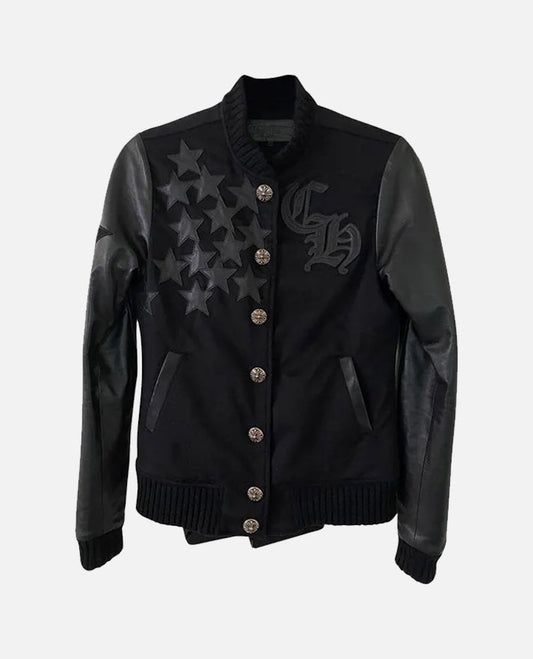 Men's Chrome Hearts Black Varsity Letterman Leather Jacket - front view