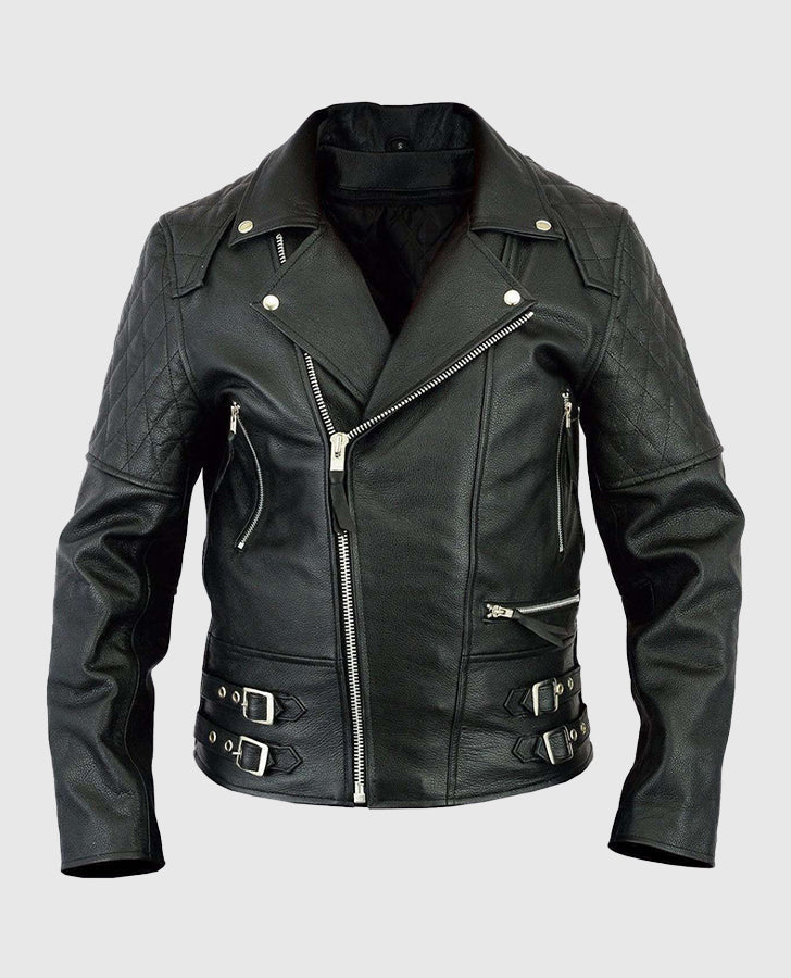Men's Classic Diamond Biker Black Leather Jacket – Custom Fit - front view