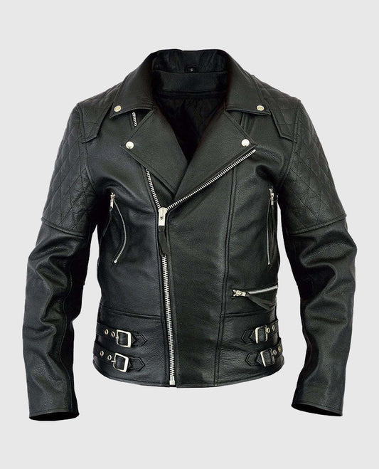 Men's Classic Diamond Biker Black Leather Jacket – Custom Fit - front view