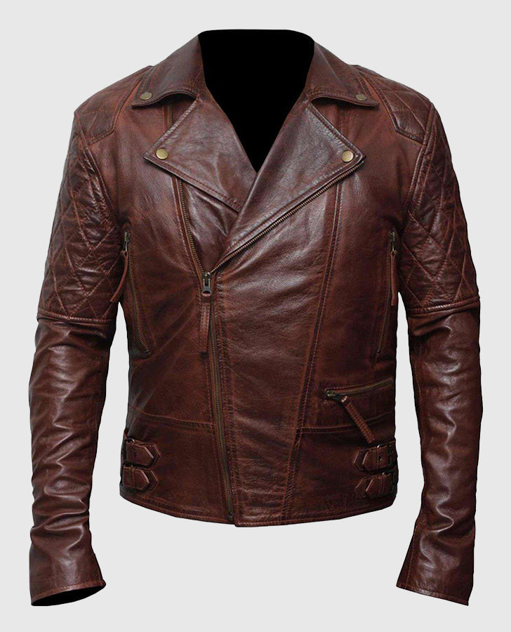 Men's Classic Diamond Brown Biker Leather Jacket – Custom Fit - front view