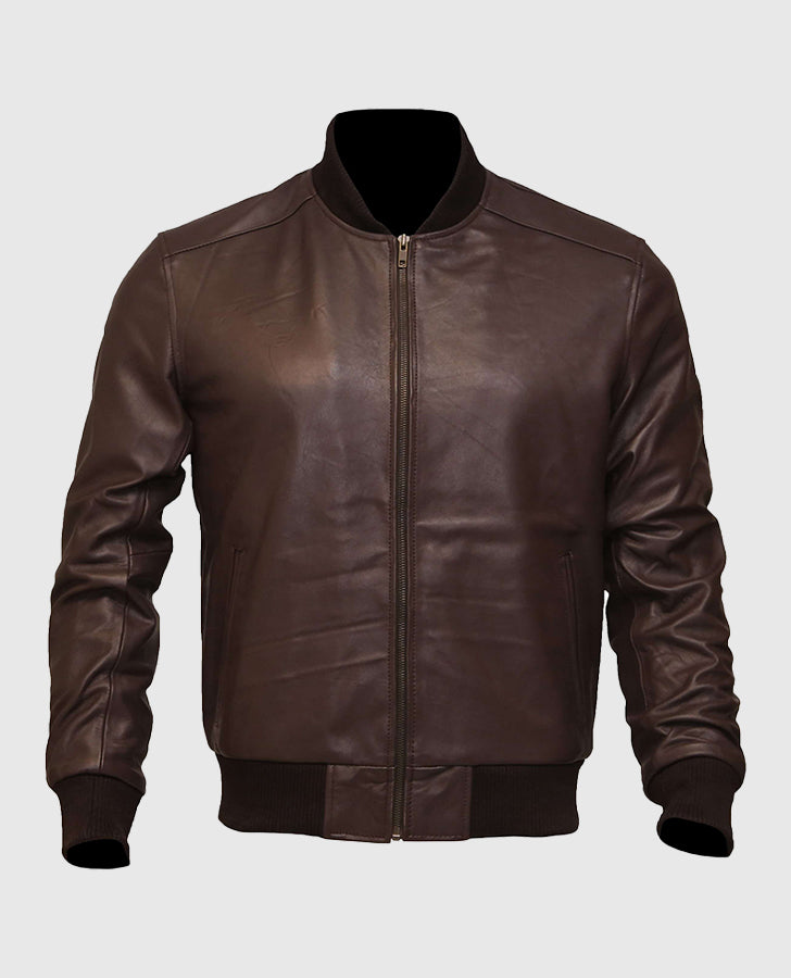 Men's Dark Brown Leather Varsity Bomber Jacket – Custom Fit - front view