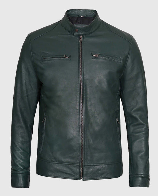 Men's Dark Green Cafe Racer Leather Jacket – Custom Fit - front view
