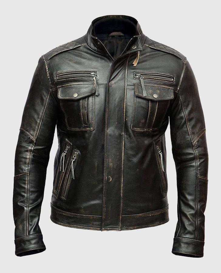 Men's Distressed Cafe Racer Leather Jacket | Genuine Leather - front view
