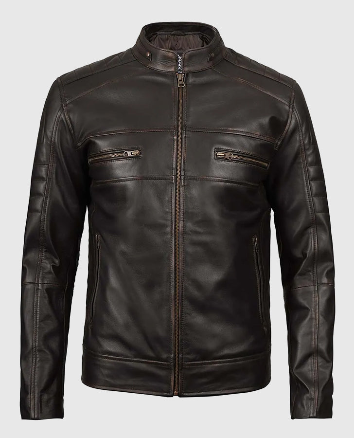 Men's Distressed Dark Brown Cafe Racer Real Leather Jacket - front view