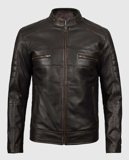 Men's Distressed Dark Brown Cafe Racer Real Leather Jacket - front view