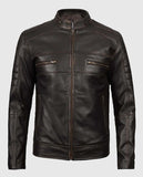 Men's Distressed Dark Brown Cafe Racer Real Leather Jacket - front view