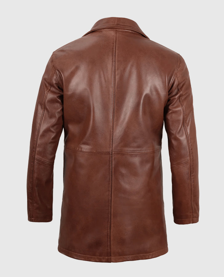 Men's Tan Distressed Leather Coat – Premium Outerwear - back view