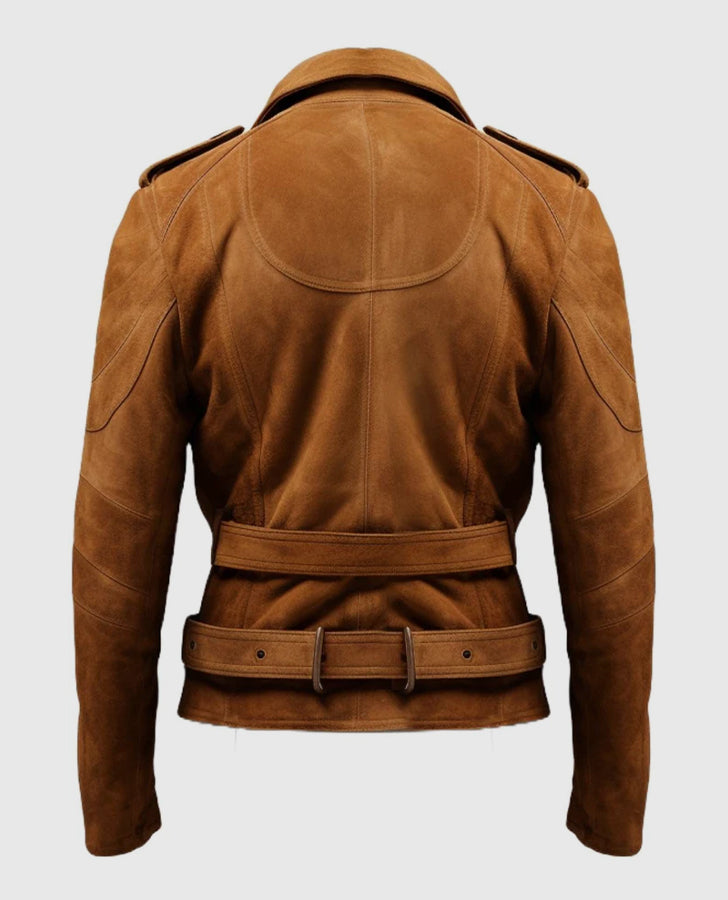 Men's Double Belted Brown Suede Leather Jacket – Custom Fit - back view