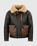 Men's F-35 Aviator Chocolate Sheepskin Brown Leather Jacket - front view