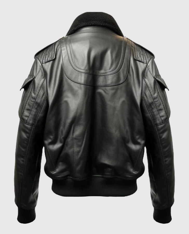 Men's Flight Bomber Black Leather Jacket – Premium Outerwear - back view