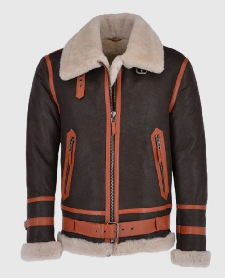 Men's Flying Brown Aviator Shearling Bomber Leather Jacket - front view