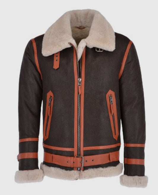 Men's Flying Brown Aviator Shearling Bomber Leather Jacket - front view