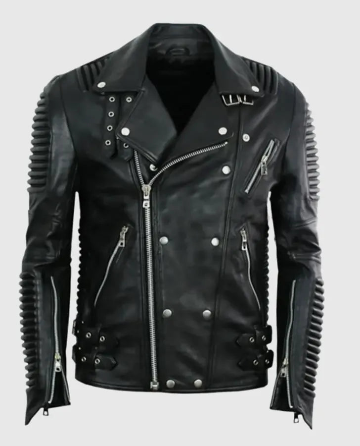 Men's Godspeed Motorcycle Padded Black Leather Jacket - front view