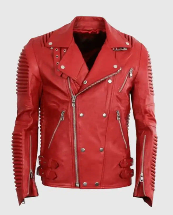 Men's Godspeed Motorcycle Padded Red Leather Jacket - front view