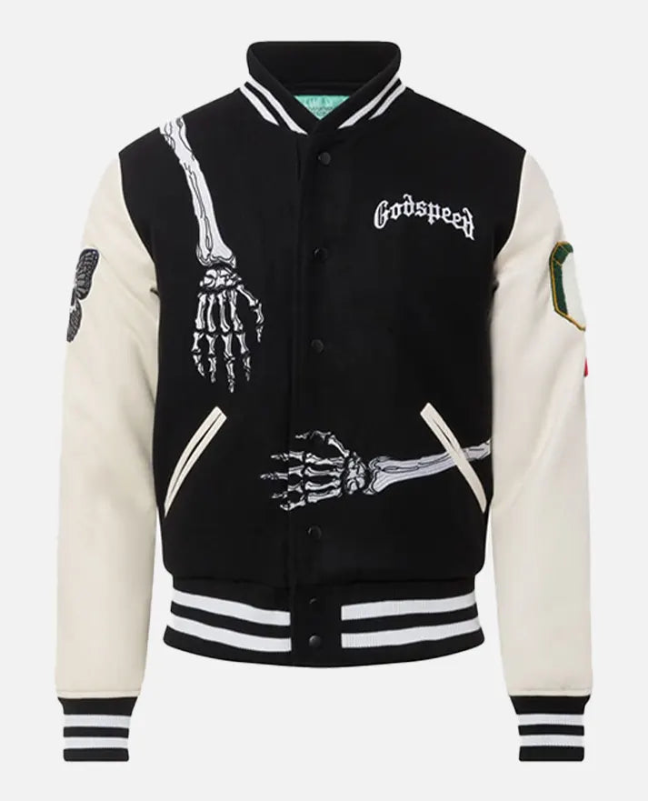 Men's Godspeed Skull Black & White Varsity Leather Jacket - front view