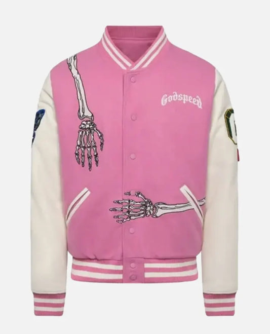 Men's Godspeed Skull Pink Varsity Leather Jacket – Custom Fit - front view