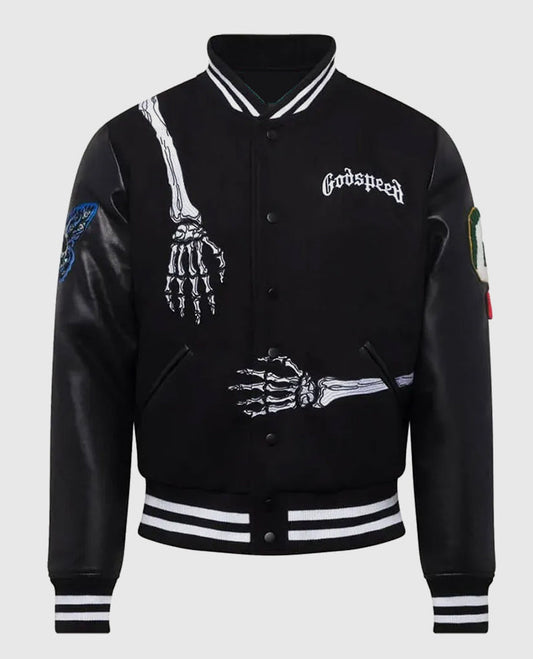 Men's Godspeed Skull Rod Black Bomber Halloween Leather Jacket - front view