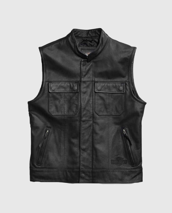 Men's Harley Davidson Foster Black Leather Vest – Premium Outerwear - front view