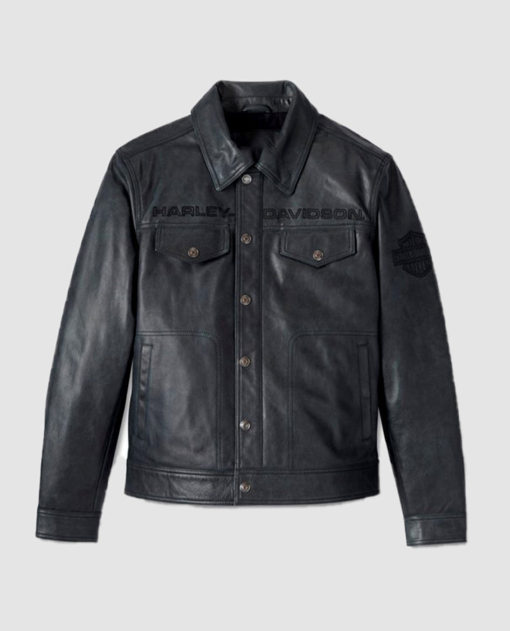 Men's Harley Davidson Iron Mountain Charcoal Black Leather Jacket - front view