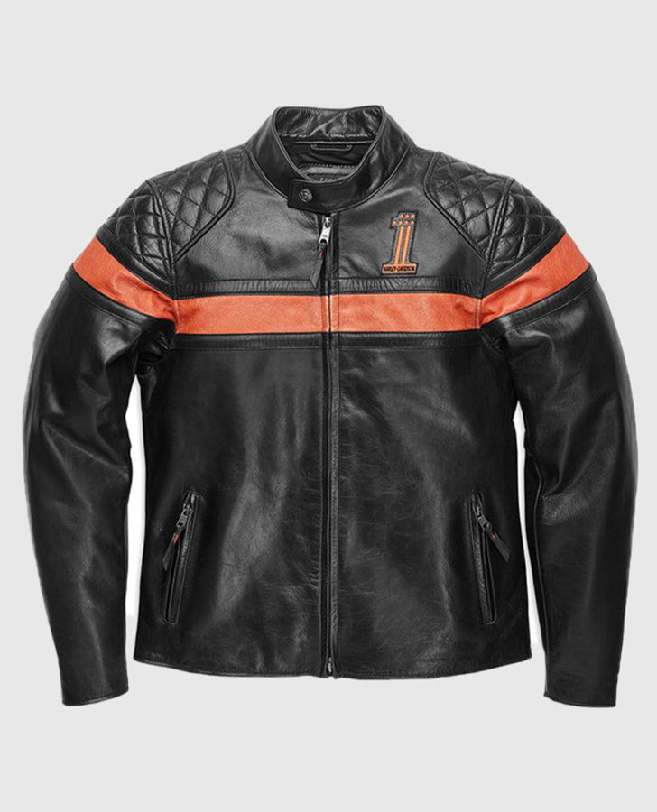 Men's Victory Sweep Orange Leather Jacket | Genuine Leather - front view