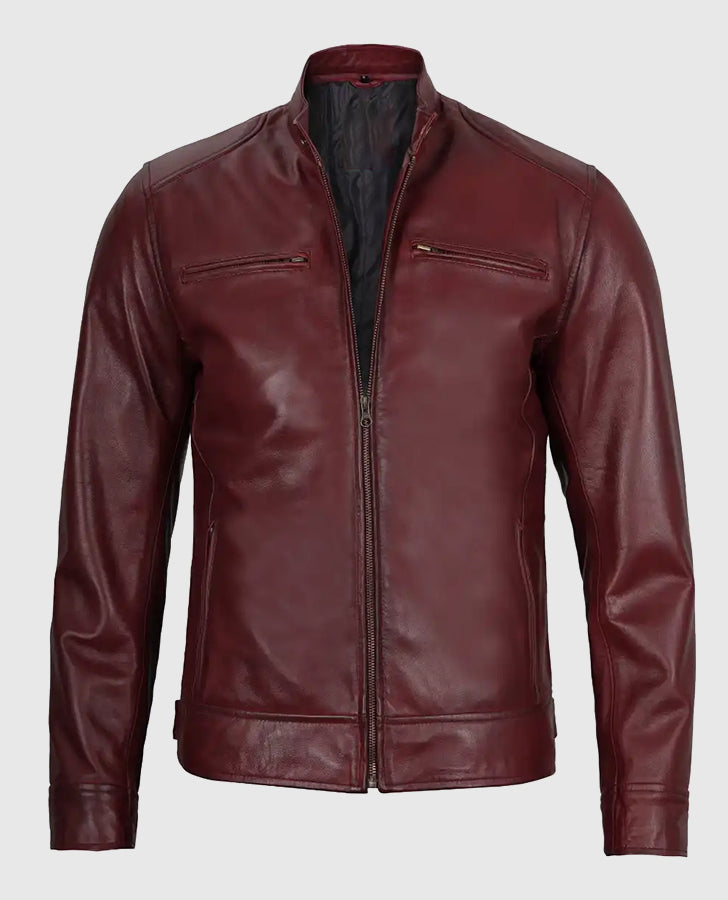 Men's Maroon Cafe Racer Leather Jacket – Custom Fit - front view