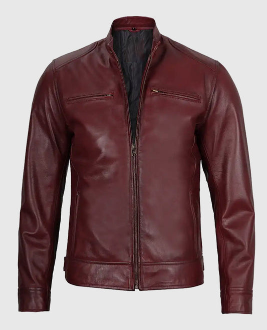 Men's Maroon Cafe Racer Leather Jacket – Custom Fit - front view