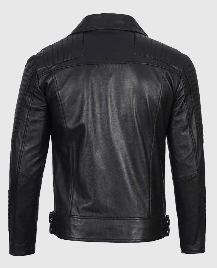 Men's Black Asymmetrical Leather Motorcycle Jacket - back view