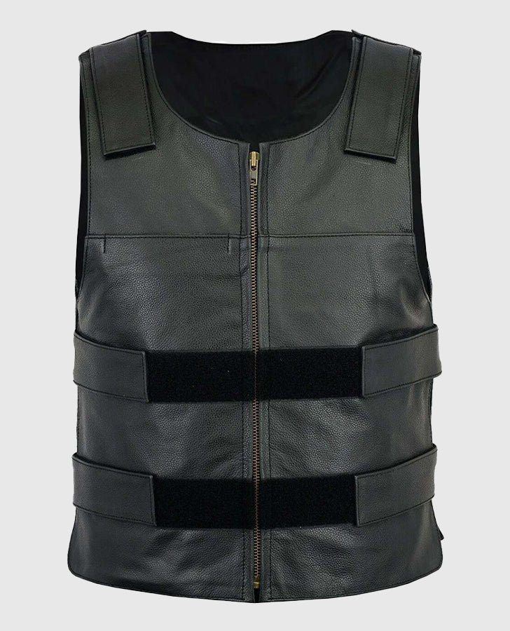 Men's Motorcycle Black Leather Vest – Premium Outerwear - front view