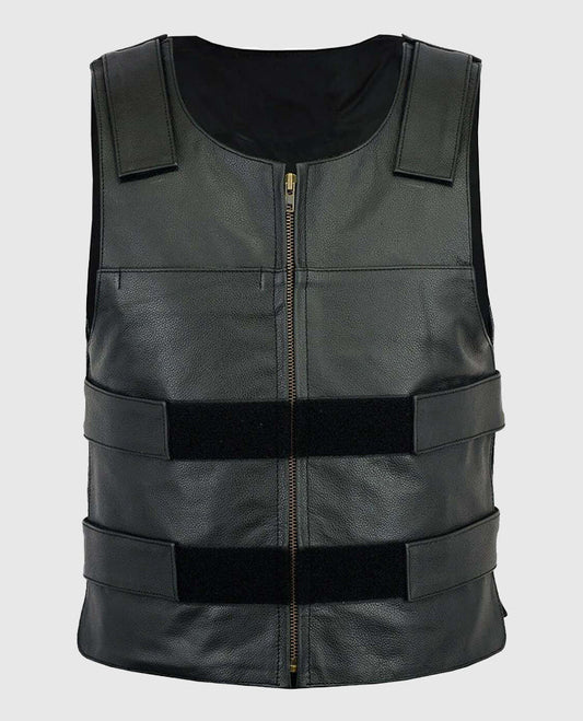 Men's Motorcycle Black Leather Vest – Premium Outerwear - front view