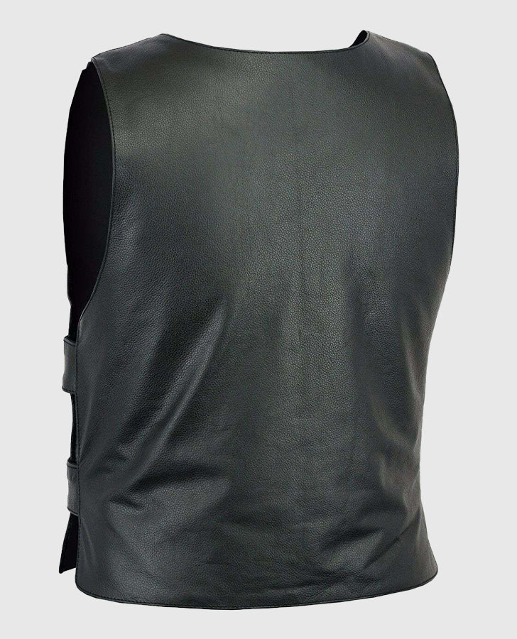 Men's Motorcycle Black Leather Vest – Premium Outerwear - back view