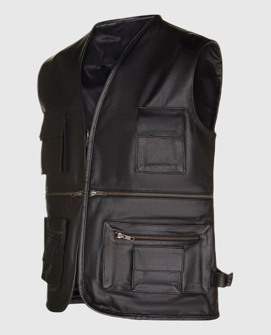 Multi-Pocket Leather Waistcoat for Biking Black Jacket for Men - front view