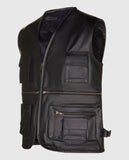 Multi-Pocket Leather Waistcoat for Biking Black Jacket for Men - front view