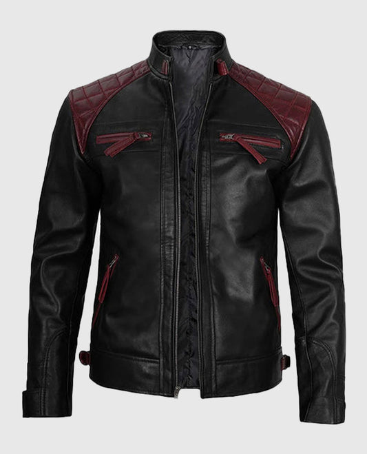 Men's Quilted Cafe Racer Black and Maroon Leather Jacket - front view