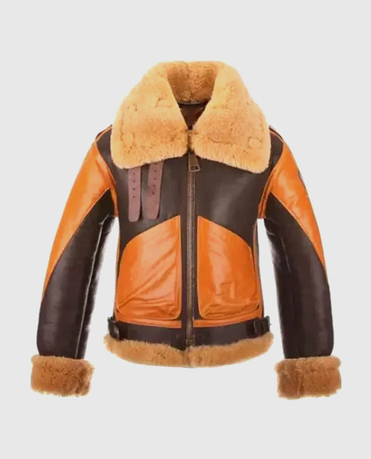 Men's RAF B3 Aviator Brown Shearling Leather Jacket - front view