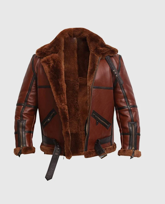 Men's RAF British Brown Shearling Aviator Leather Jacket