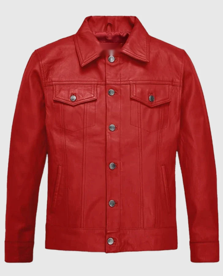 Men's Red Leather Trucker Jacket – Custom Fit | Genuine Leather