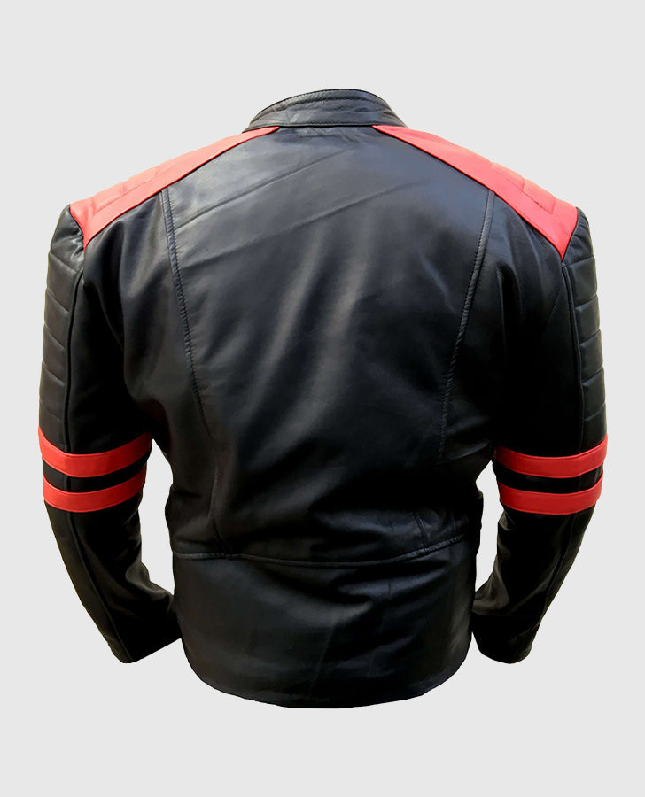 Men's Vintage Red Stripes Motorcycle Leather Jacket - back view